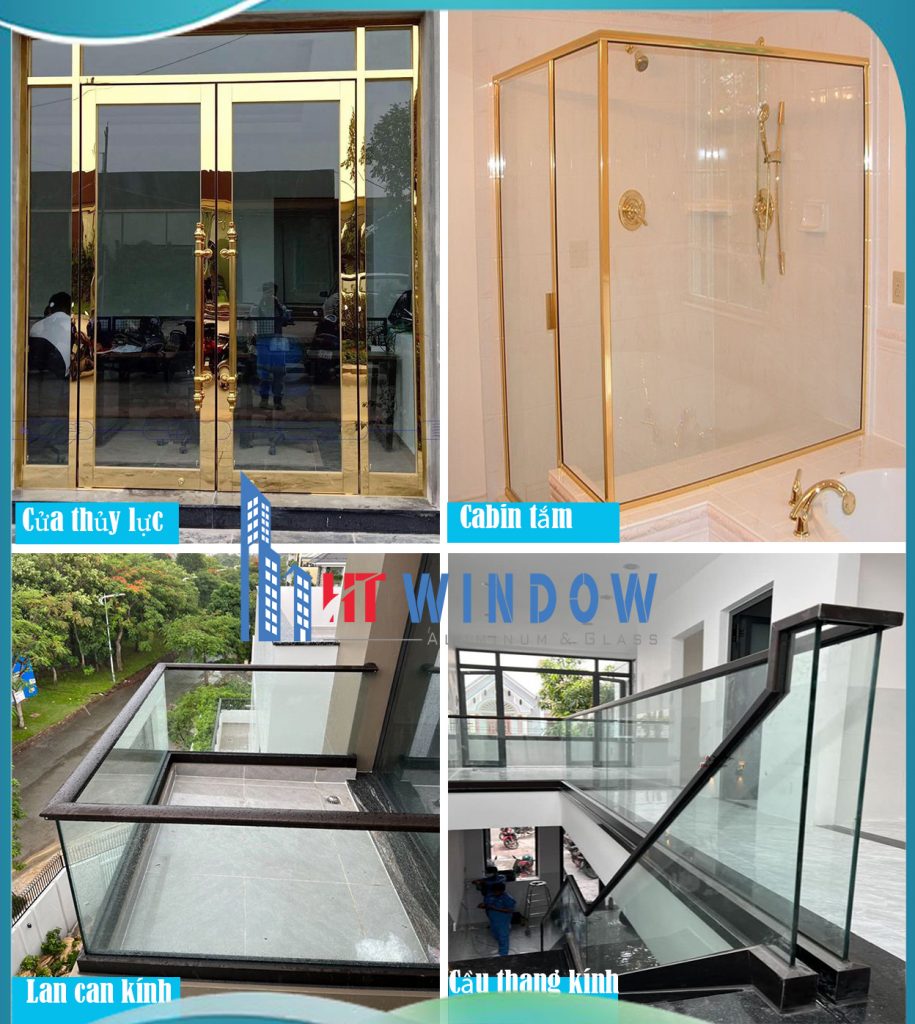 Cửa kính thủy lực khung inox mạ vàng sang trọng cho sảnh biệt thự