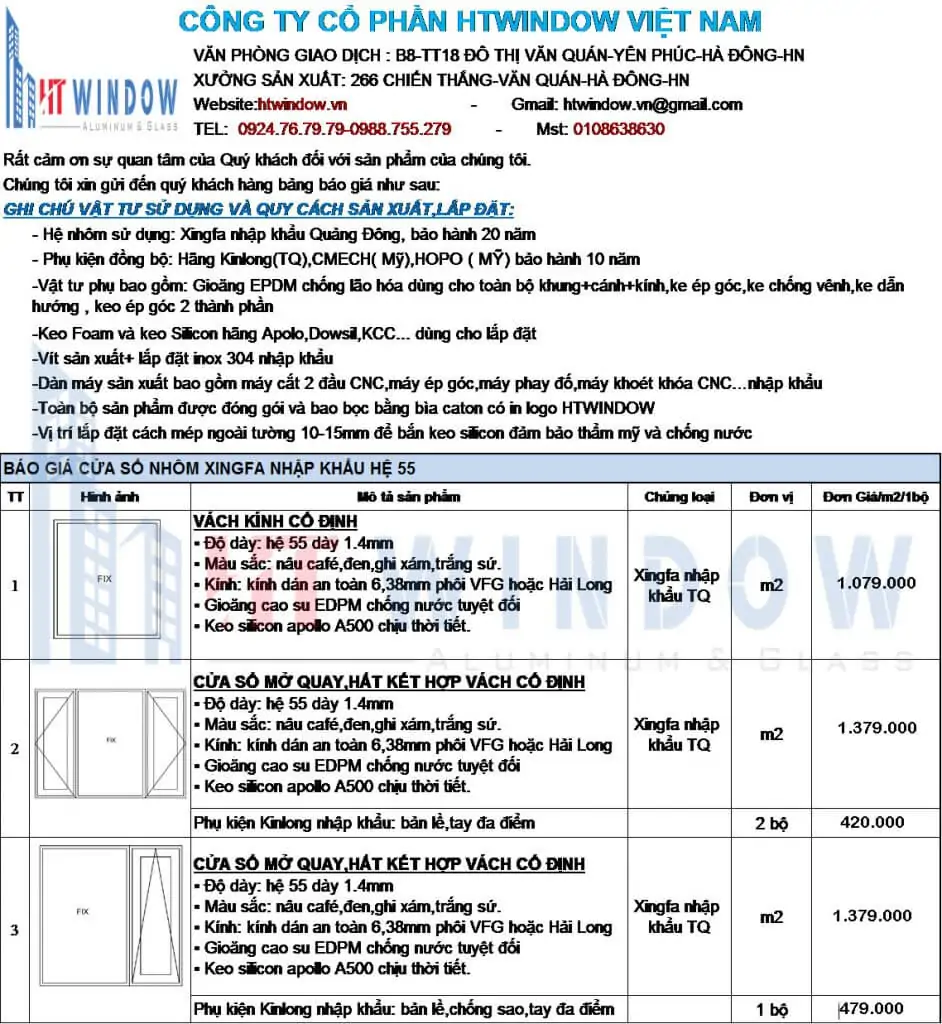 BÁO GIÁ CỬA NHÔM XINGFA NHẬP KHẨU