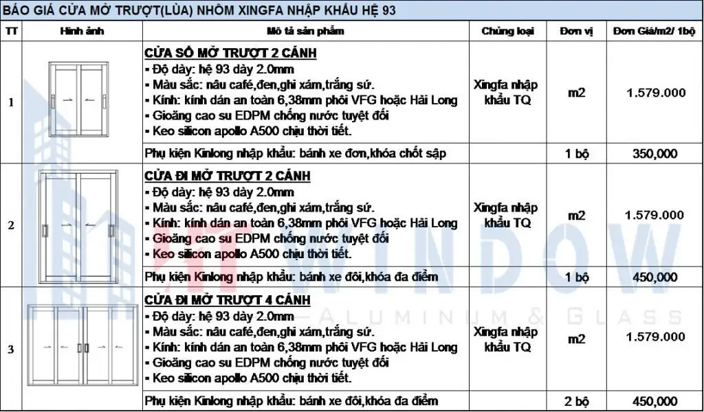 BÁO GIÁ CỬA NHÔM XINGFA NHẬP KHẨU