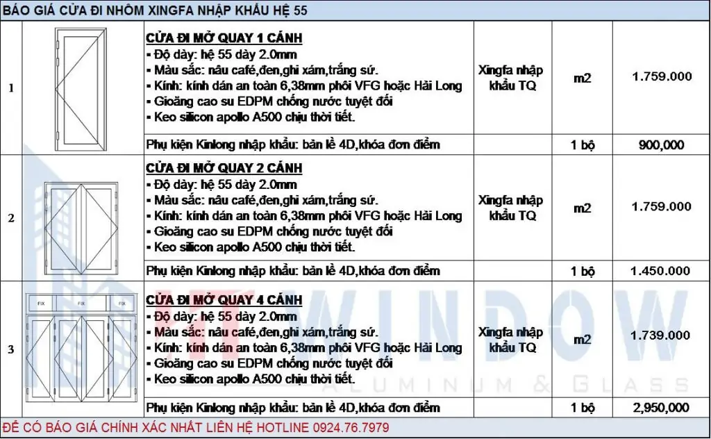 BÁO GIÁ CỬA NHÔM XINGFA NHẬP KHẨU
